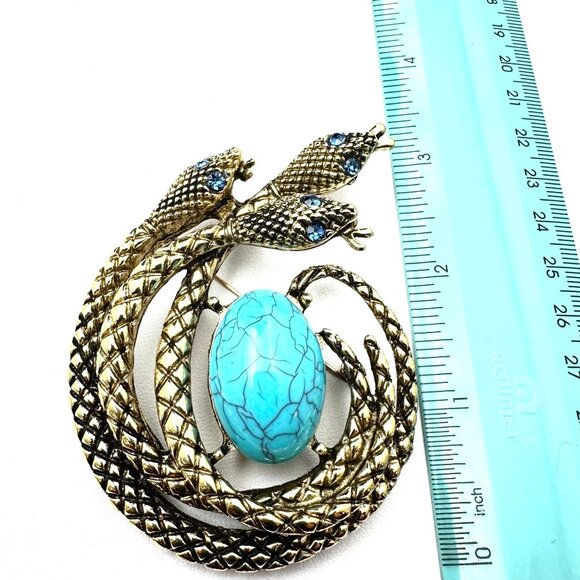 Womens Snake Brooch Gold Tone Faux Blue Turquoise Statement Pin Vintage Style - Picture 3 of 3